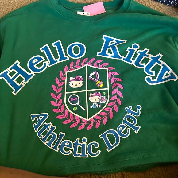 HELLO KITTY NWT CROPPED SWEATSHIRT FRONT DESIGN ATHLETIC DEPT PINE GREEN  LARGE - Picture 1 of 7